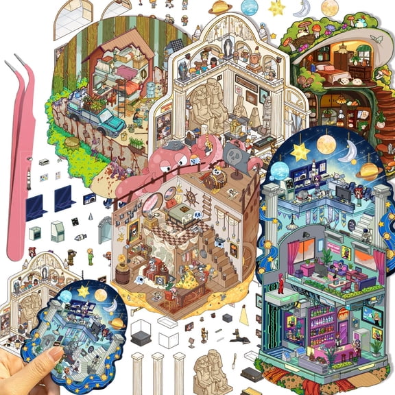 6 Sheets 3D Scene House Stickers – DIY Miniature Room Pirates, Astronomy, Zombies, Egyptian Scene Sticker Pack for Scrapbooking, Journaling, Planner, Craft Projects, Relaxing Sticker Therapy