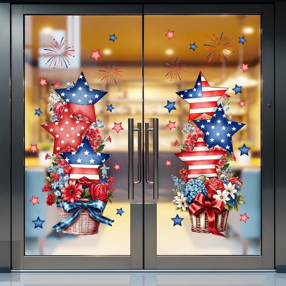 6 Sheets 4th of July Window Clings Decorations, Patriotic Window Stickers Double-Sided Window Decals, Red White Blue Star Heart, USA Independence Day Memorial Day Decor for Home Office Glass