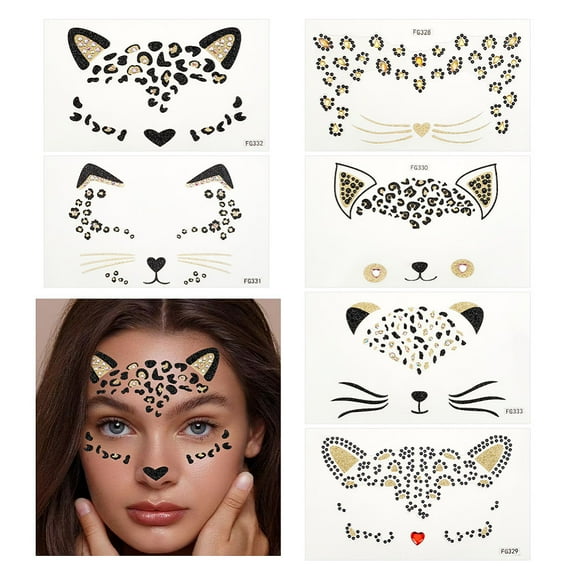 6 Sheets 6 Style Cat Shaped Self Adhesive Acrylic Rhinestone Face Gems Stickers Jewels Temporary Tattos Crystal for Party Supplies Mixed Shapes 114x130x1.5mm Sticker: 80x130mm 1 sheet/style