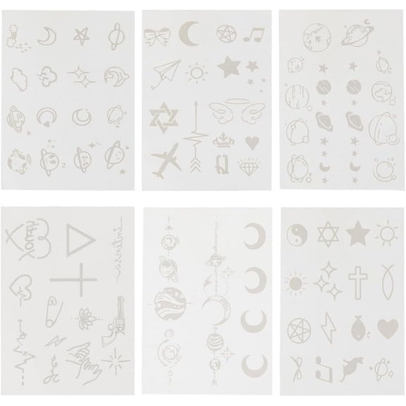 6 Sheets 6 Styles Simple Temporary Tattoo Moon Tattoos Removable Body Stickers Paper Waterproof Planet Star Sun Heart Universe Theme Pattern Tats Suit for Arm Neck Birthday Party Favors Colorful