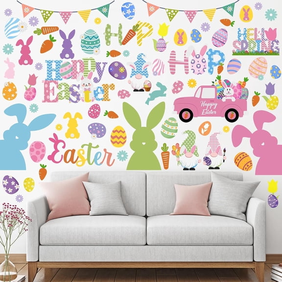 6 Sheets 66 Pieces Happy Easter Wall Decals Gnome Eggs Bunny Wall Stickers Peel and Stick Flowers Carrots Easter Decals Stickers for Nursery Living Room Bedroom Home Office Party Decoration
