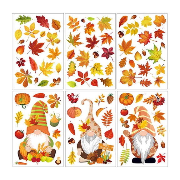 6 Sheets Autumn Thanksgiving Gnomes Window Clings Decal Fall Pumpkin Maple Leaf Electrostatic Stickers Glass Refrigerator Wall Mural DIY Holiday