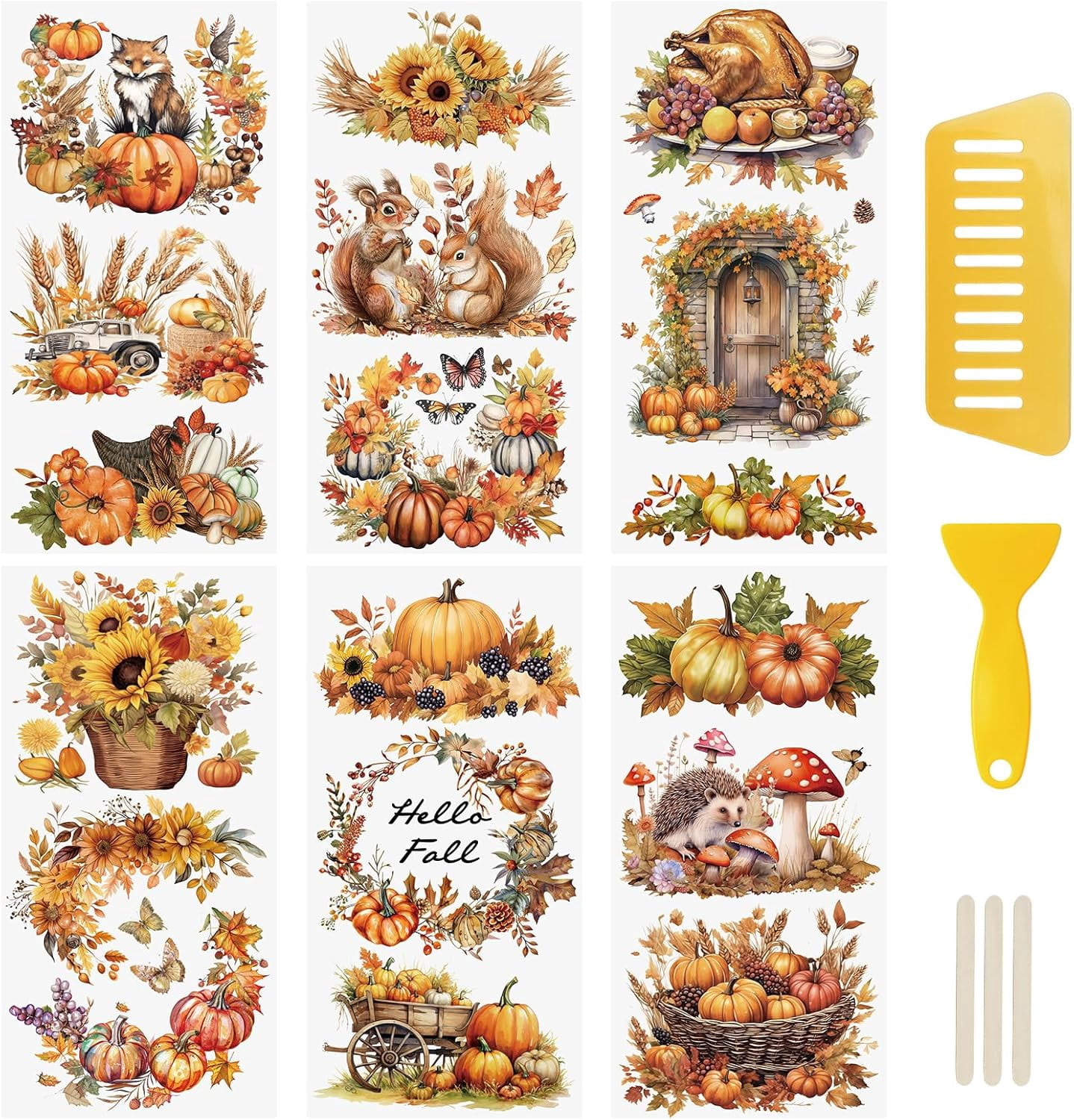 6 Sheets Autumn Theme Rub On Transfer Sticker, Hello Fall Harvest ...