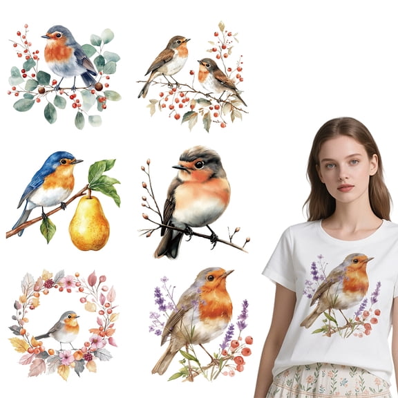 6 Sheets Bird Theme Iron on Decals Patches 6 Styles Watercolor Flowers Robin Iron on Stickers PET Washable Heat Transfer Stickers