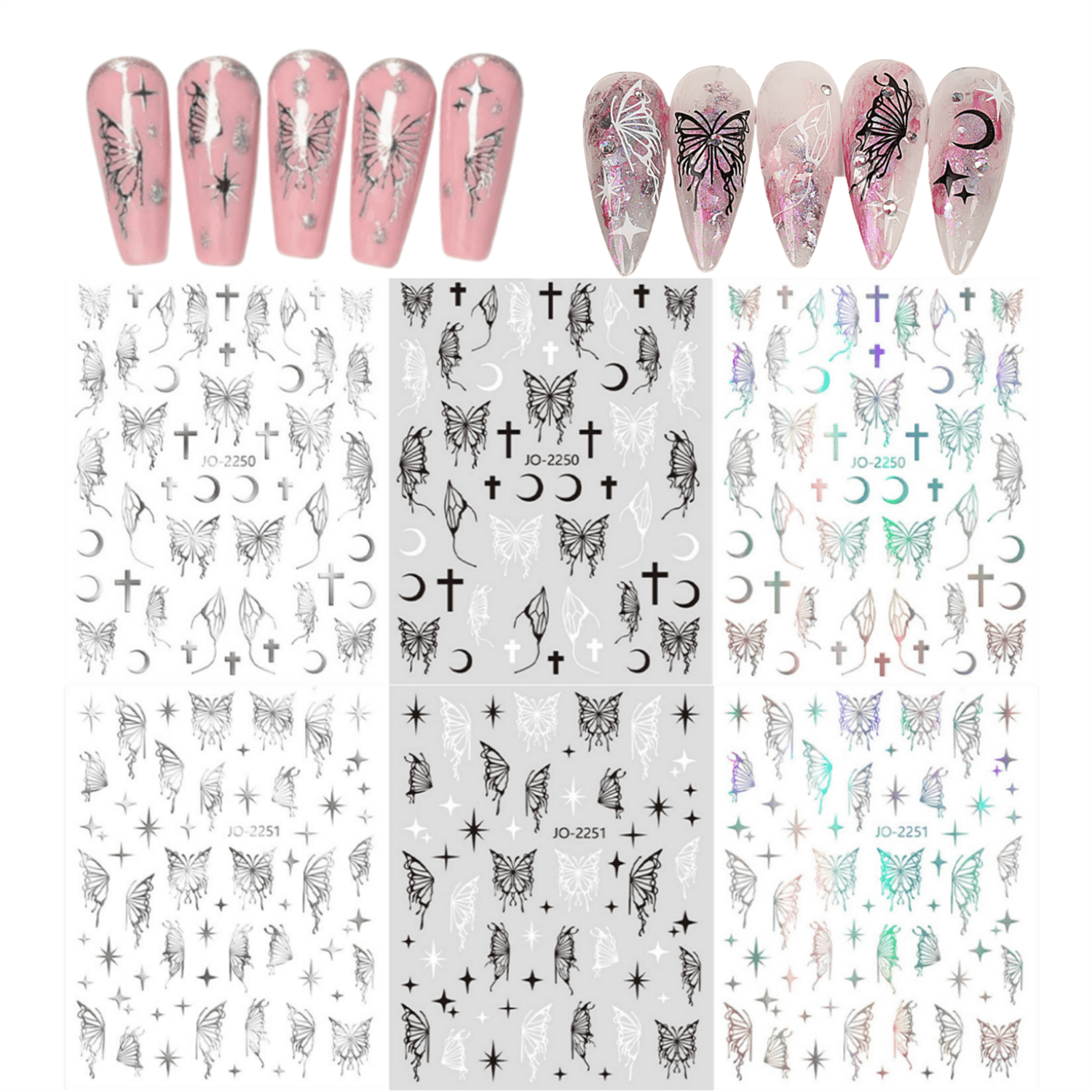 6 Sheets Butterfly Nail Art Stickers, Jademall Laser Silver Butterflies Designs Self Adhesive Decals Cute Decals Black White Butterflies Nail Decals for Nail Art DIY Manicure Decoration