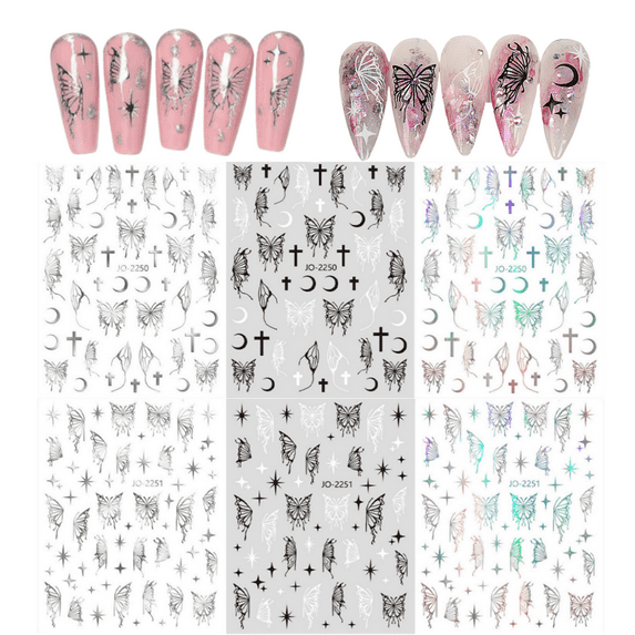 6 Sheets Butterfly Nail Art Stickers, Jademall Laser Silver Butterflies Designs Self Adhesive Decals Cute Decals Black White Butterflies Nail Decals for Nail Art DIY Manicure Decoration