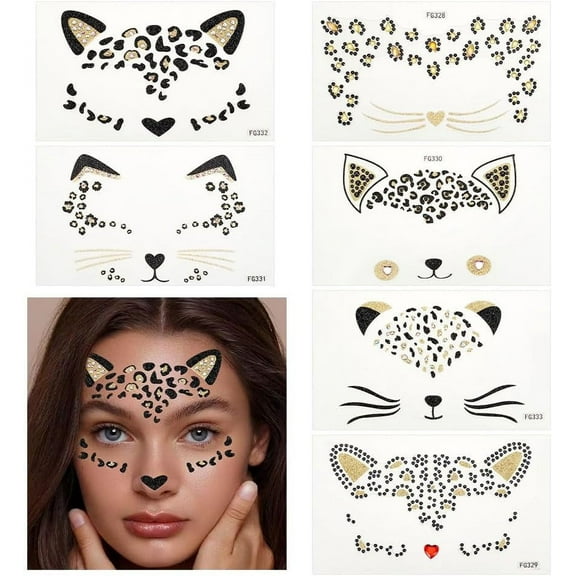 6 Sheets Cat Face Jewels 3.1x5.1 Inch Temporary Leopard Tattoo Stickers Acrylic Rhinestone Stickers Leopard Face Sticker Removable Sticker for Women Art Party Decor