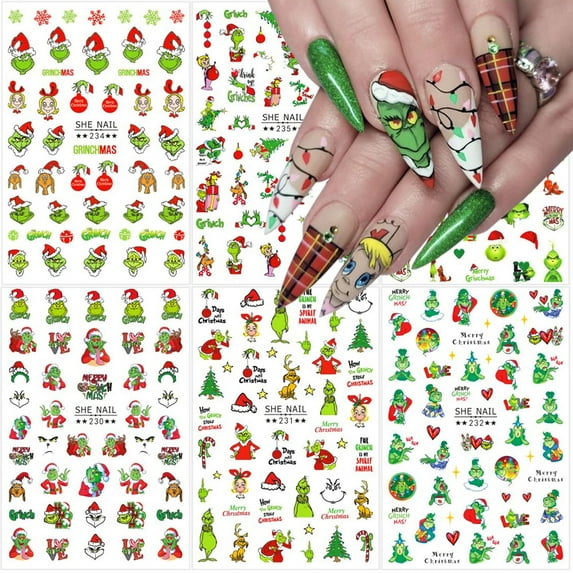6 Sheets Christmas Nail Art Stickers 3D Self-Adhesive Snowflake Nail Stickers Green Monster Funny Cartoon Design Winter Xmas Nail Decals Nail Art Supplies for Women Girls Acrylic Nails DIY Xams C55