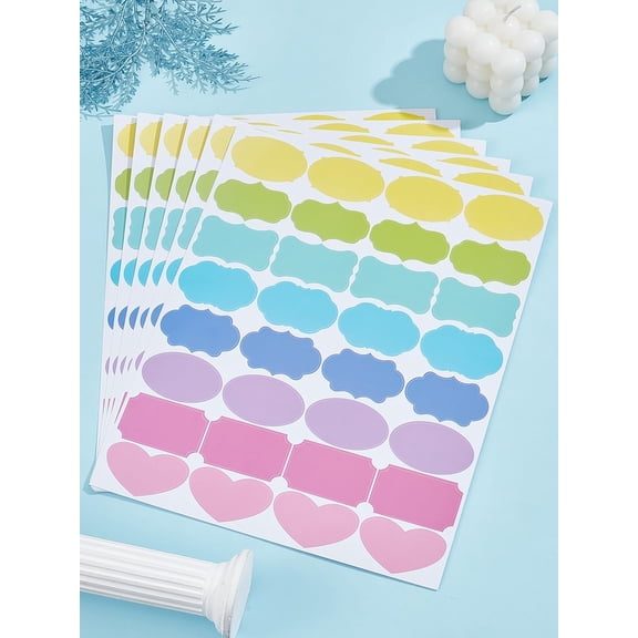 6 Sheets Colored Label Stickers Waterproof Writable Decals Rectangle Oval Heart Blank Self-Adhesive Stickers for School Office Home Party Conferences 268x218x0.2mm colorful