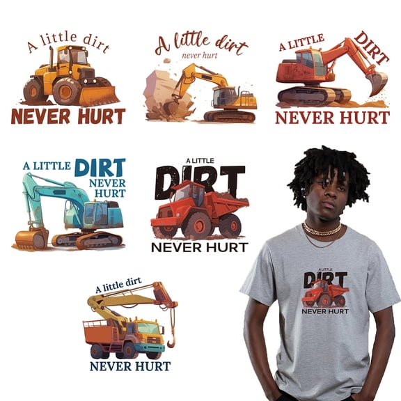 6 Sheets Construction Vehicle Iron on Stickers Excavator Crane Bulldozer Print Transfer Stickers Decals for Clothing Hat Decoration Applique