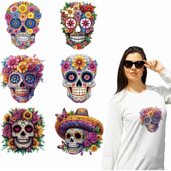 6 Sheets Day of The Dead Cloth Iron on Stickers Sugar Heat Transfer Stickers Decals for DIY handcrafting