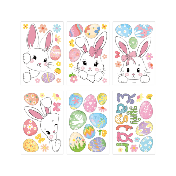 6 Sheets Easter Bunny & Egg Window Clings – Reusable Static Cling Decals for Windows, Glass, Mirrors – Spring Classroom & Home Decor