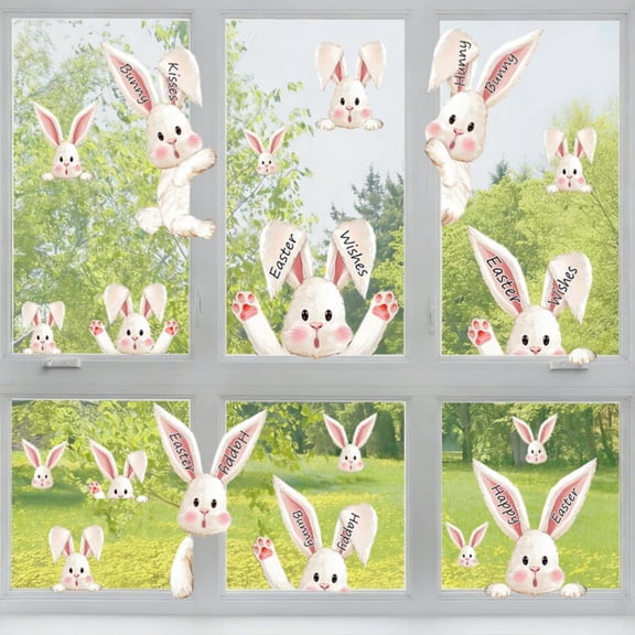 6 Sheets Easter Bunny Window Clings, Happy Easter Window Stickers Decals with Double-Sided Design & Easy Application, PVC Glass Decorations for Home Store Holiday Party Decor