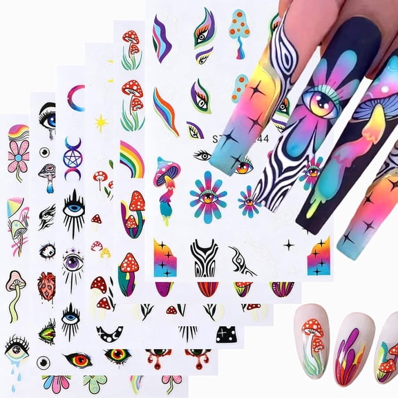 6 Sheets Evil Eye Flower Rainbow Mushroom Nail Art Stickers Funny Cute Nail Stickers 3D Self-Adhesive Nail Decals for Nail Art Holiday Nail Art Supplies for Women Girls Manicure Decor