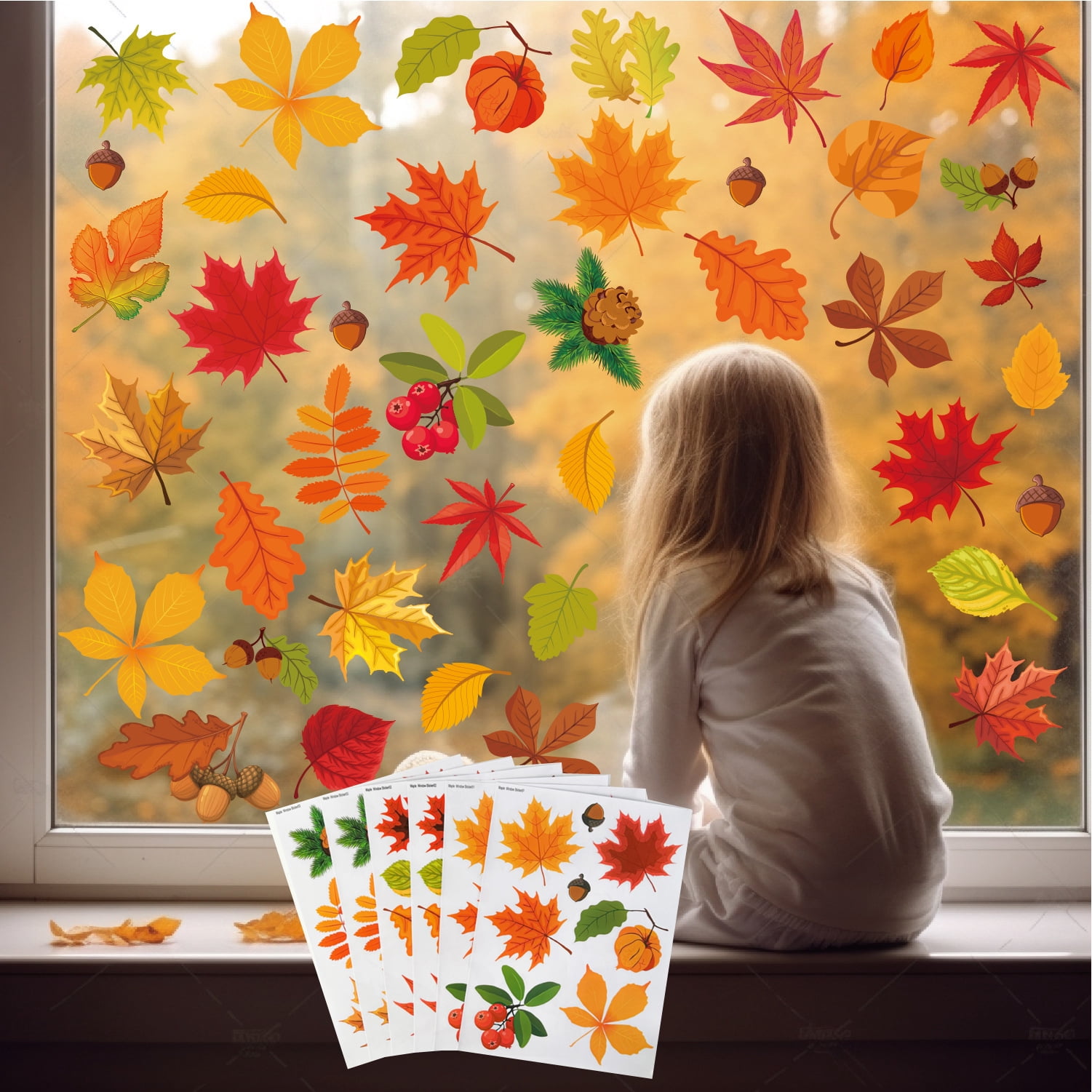 6 Sheets Fall Window Decals, 64 Autumn Leaves Stickers with Maple Leaf ...