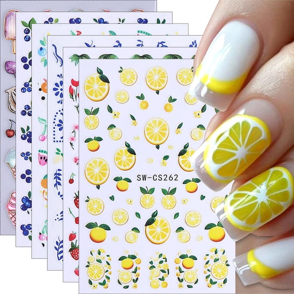 6 Sheets Fruit Nail Art Stickers Decals 3D Self-Adhesive Embossed Nail Stickers Lemon Strawberry Blueberry Banana Grape Orange Nail Decals Supplies for Women DIY Summer Manicure Decorations