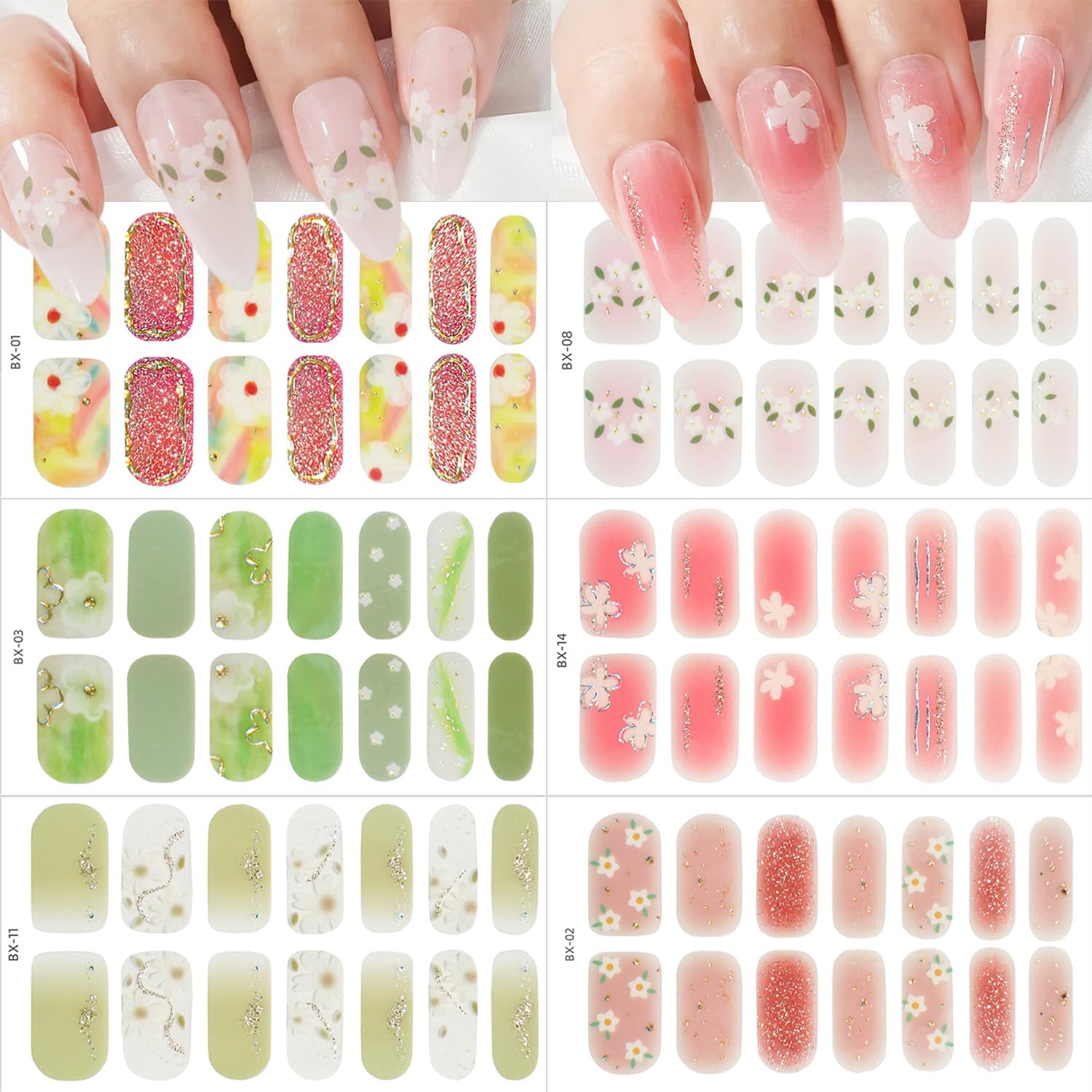 Spring Nail Wraps 6 Sheets Full Nail Wraps Flower Nail Wraps Semi Cured Gel Nail Strips ...
