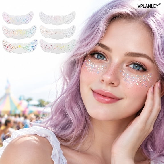 6 Sheets Glitter Freckles Stickers for Face and Body, Star and Heart Face Tattoo for Women and Girls, Long Lasting Waterproof Festival Rave Makeup Accessories