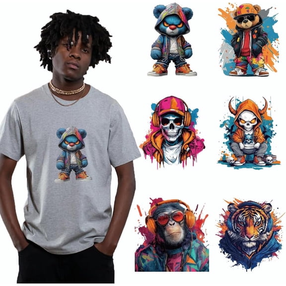 6 Sheets Graffiti Animal Cloth Iron on Stickers Bears Skulls Gorillas Heat Transfer Stickers Decals