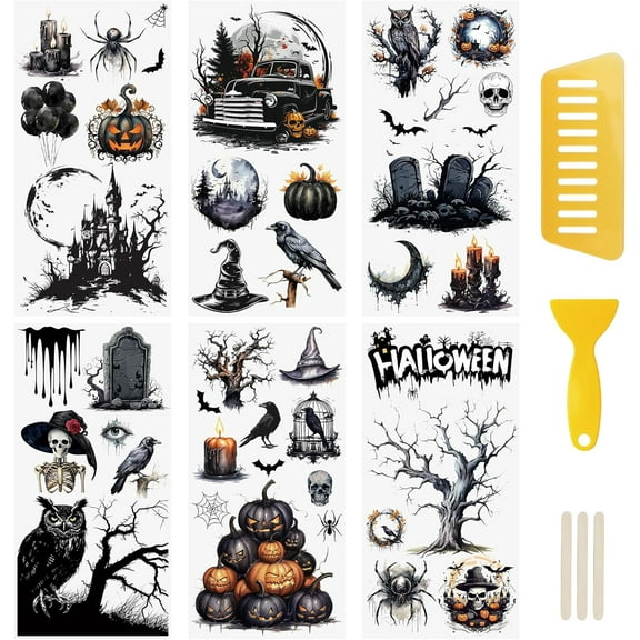 6 Sheets Halloween Rub on Transfer Stickers, Crow Ghost Bat Skull Transfer Stickers Decals Waterproof for Home Party DIY Crafts, 15x30cm