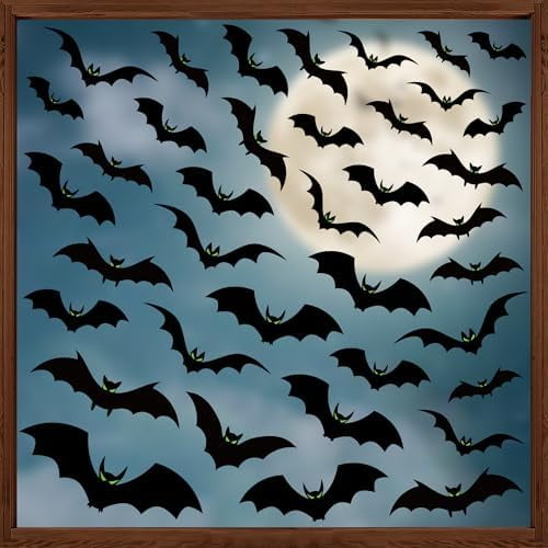 6 Sheets Halloween Window Clings Large Scary Bats Silhouette Window Decals Black Bats with Glow Eyes Windows Stickers Double Sided Windows Decoration for Home Office Glass Halloween Party Decor