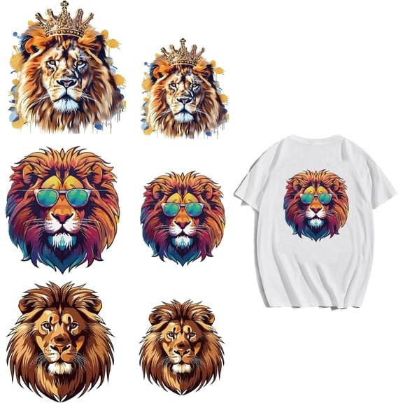 6 Sheets Lion Head Iron on Decals Patches Lion King Sunglasses Iron on Stickers PET Washable Heat Transfer Stickers Creative Craft