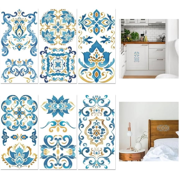 6 Sheets Mandala Pattern Transfer 11.8x5.9inch Blue Lace Border Rub on Transfer Clip Art Self-Adhesive Wall Art Decals for DIY Making