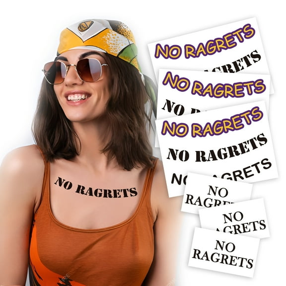 6 Sheets No Ragrets Temporary Tattoos - Funny Phrase Halloween Tattoo Stickers for Costume Party, Spine & Neck Decor