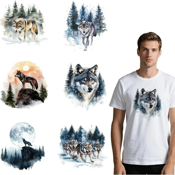 6 Sheets Oil Paint Wolf Cloth Iron on Stickers Wolf Forest Heat Transfer Stickers Decals for DIY T-Shirt Jeans Backpacks Families Clothing Hat Decoration Applique