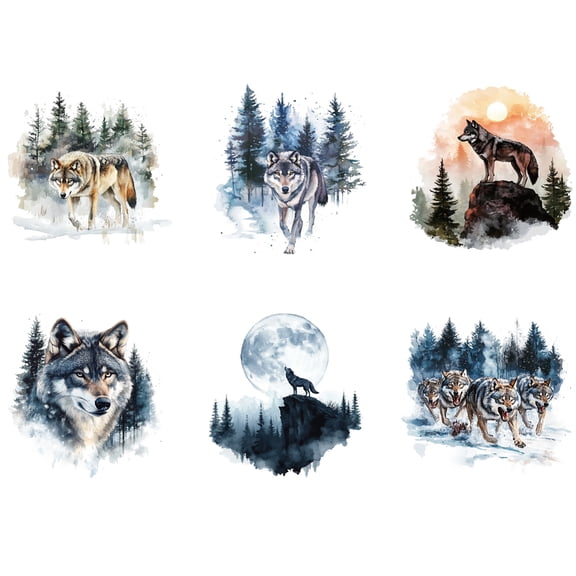 6 Sheets Oil Paint Wolf Cloth Iron on Stickers Wolf Forest Heat Transfer Stickers Decals for DIY T-Shirt Jeans Backpacks Families Clothing
