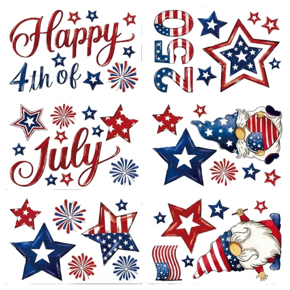 6 Sheets Patriotic Window Clings 250th Anniversary Happy 4th of July Gnome American Flag Firework Window Decals Star Stripe Double-Sided Prints PVC Stickers for Independence Day Party Glass Decor