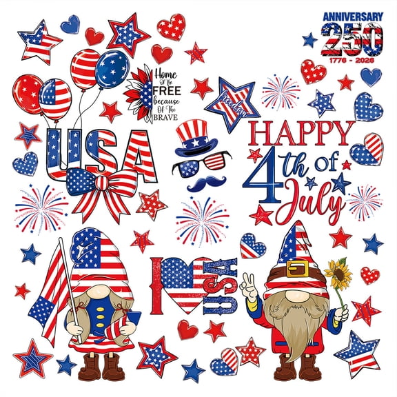6 Sheets Patriotic Window Clings, Happy 4th of July Window Decal with USA Gnome Star Firework Pattern, Reusable Glass Sticker for Independence Day Memorial Day Home Party Decor