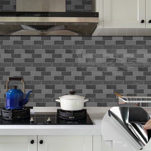 6 Sheets Peel and Stick Tiles Wall Stickers Kitchen Backsplash 8.7" x 12" Gray Tile Decals Self Adhesive Removable 3D Effect Sticker Bathroom Decor