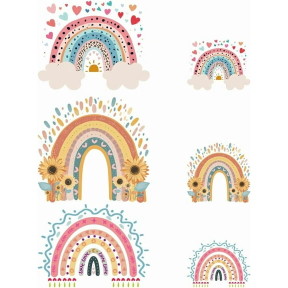 6 Sheets Rainbow Iron on Decals Patches Flowers Stars Hearts Iron on Stickers Heat Transfer Stickers PET Washable Patches for DIY Clothes Decor 9inch/5inch(23/13cm) Long Colorful