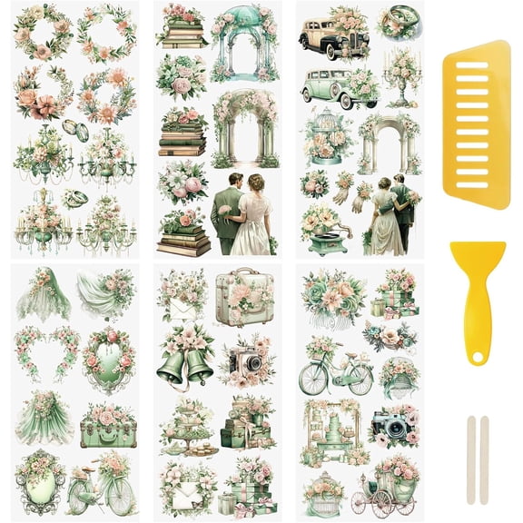 6 Sheets Rub On Transfer Sticker, Wedding Theme Transfer Decals European Wedding Dress Wreath DIY Scrapbook Stickers for Furniture Windows Craft,12 * 6in