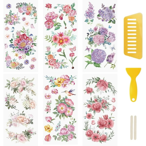 6 Sheets Rub On Transfer Stickers Spring Flower Decals Waterproof Stickers Furniture Windows Craft Decals for DIY Scrapbooking Photo Albums Greeting Cards,12 * 6in