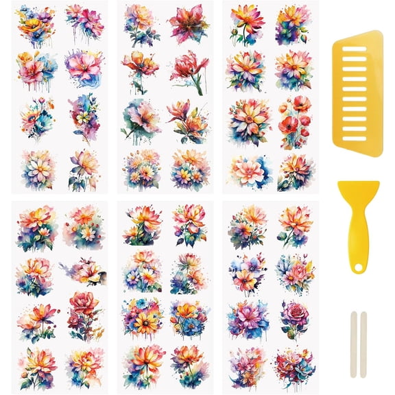 6 Sheets Rub On Transfer Stickers Watercolour Theme Decals Waterproof Stickers Furniture Windows Craft Decals for DIY Scrapbooking Making Greeting Cards Gift,12 * 6in