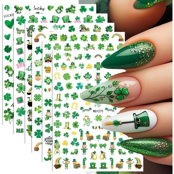 6 Sheets St.Parkers Day Nail Stickers for Nail Art Green Shamrock Nail Art Stickers Rainbow Gold Coin Nail Decals Four Leaf Clover Hat Design Stick for Nail for Women DIY Holiday Nail Art Supplies