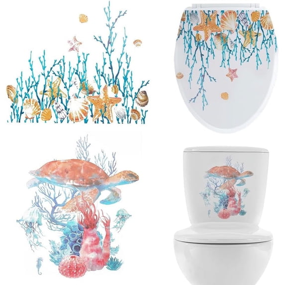 6 Sheets Summer Ocean Toilet Stickers Turtle Shell Toilet Seat Lid Stickers Decals Self-Adhesive Bathroom Wall Sticker Toilet Cover Decor Decal PVC Waterproof Removable for WC Restroom for DIY