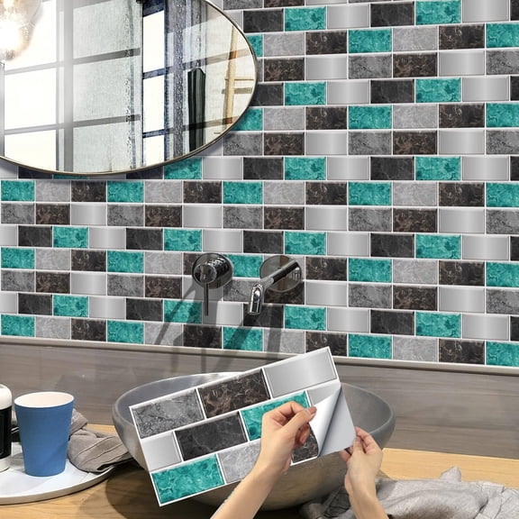 6 Sheets Tile Stickers Kitchen Backsplash 11.8"x5.9" Mosaic Brick Marbling Wall Decals Vinyl Self Adhesive Waterproof Removable Peel and Stick