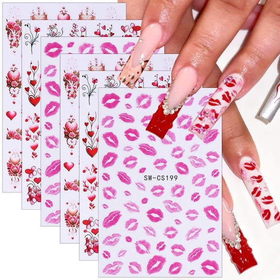 6 Sheets Valentines Nail Stickers Romantic Rose Flower Pink Lip Print, 3D Self Adhesive Love Heart Tree Nail Art Decals for Women DIY Nail Designs