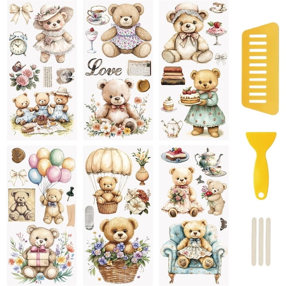 6 Sheets Vintage Bear Rub on Transfer Stickers Waterproof Decals Furniture Stickers Home Decoration Decals for DIY,15 * 30CM