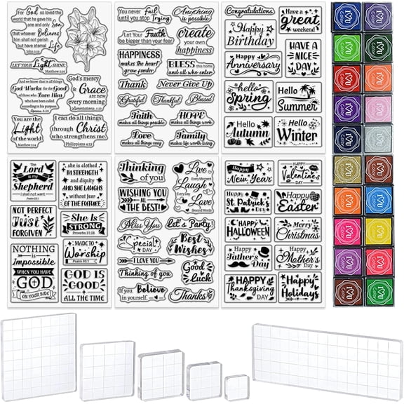 6 Sheets Words Clear Stamps for Card Making 20 Craft Ink Pad 6 Acrylic Stamp Block Tools with Grid Lines Transparent Silicone Stamp with Bible Verse Happy Birthday Stamps Craft Supplies Colorful