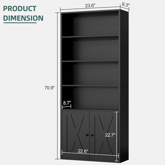 6-Shelf 70.9” Tall Industrial Bookcase, Freestanding Bookshelf with Doors | Space-Saving | Versatile Enclosed Storage Display Unit, Black - Home Office & Living Room Use 