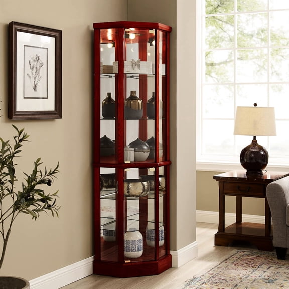 6-Shelf Adjustable Tempered Glass, Mirrored Back / Showcase Collectables in Corner Space with Interior Light