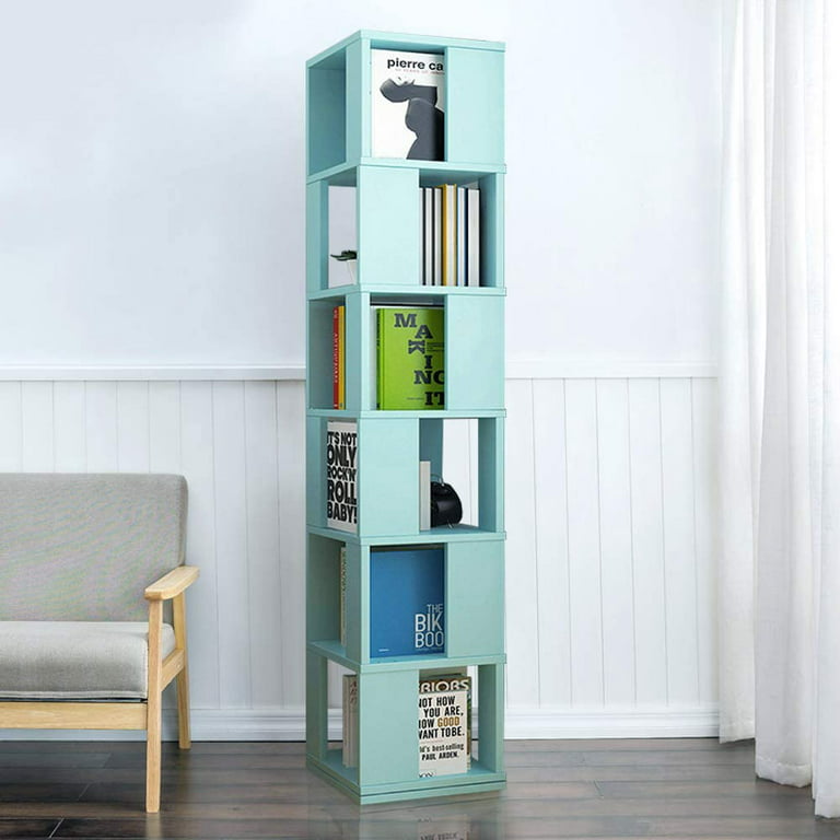 6 Shelf Bookcase Open Storage Swivel Bookcase Revolving Bookshelf 360°  Rotating Wood Bookshelves Free Standing Bookshelf Display Rack Blue