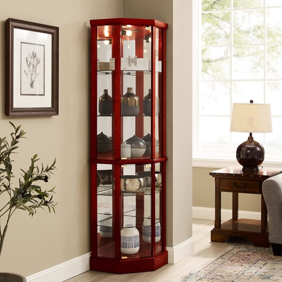 6 Shelf Cabinet With Adjustable Tempered Glass Shelves And Mirror Back In Stylish Cherry Curio Mirrored Striking