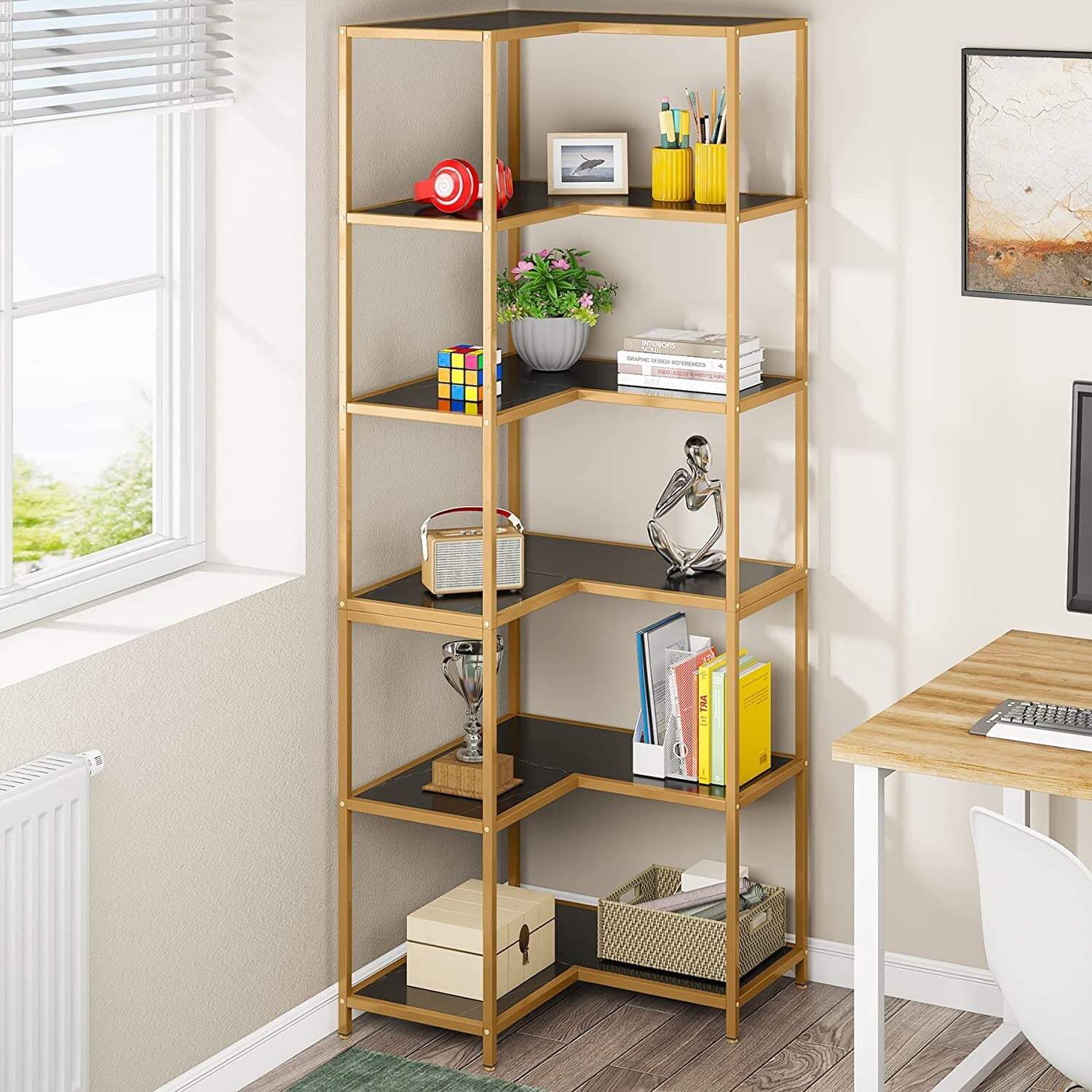 6Shelf Corner Bookshelf, 70.9Inch LShaped Bookcase for Small Space