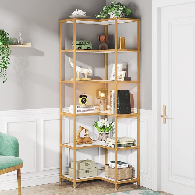 6Shelf Corner Bookshelf, 70.9Inch LShaped Bookcase for Small Space white and gold