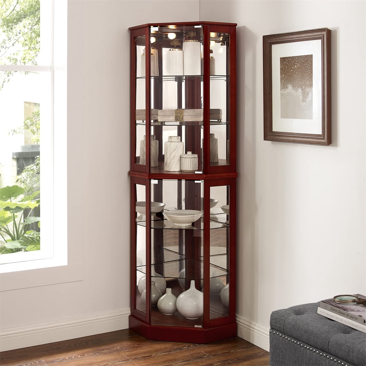 Elegant 6-Shelf Corner Curio Display Cabinet in Walnut